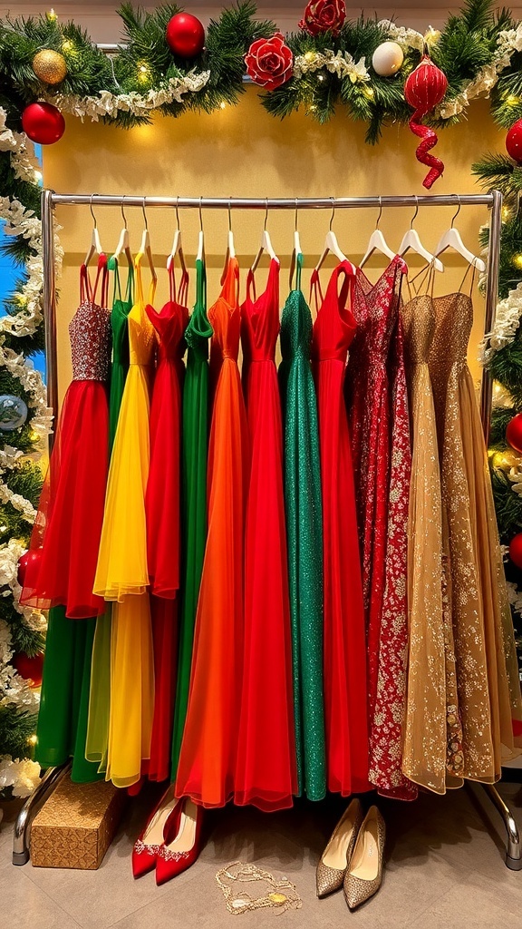 A collection of stylish Christmas dresses in red, green, and gold, displayed with festive decorations.